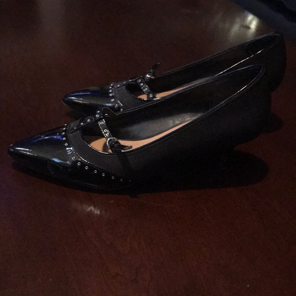 Impo shiny black heels with rivet studded strap and decor